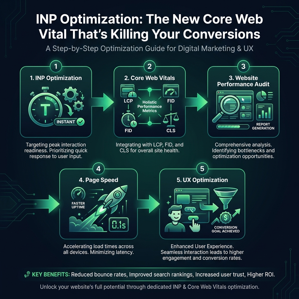 INP Optimization: The New Core Web Vital That's Killing Your Conversions infographic showing INP optimization, Core Web Vitals, website performance audit for digital marketing