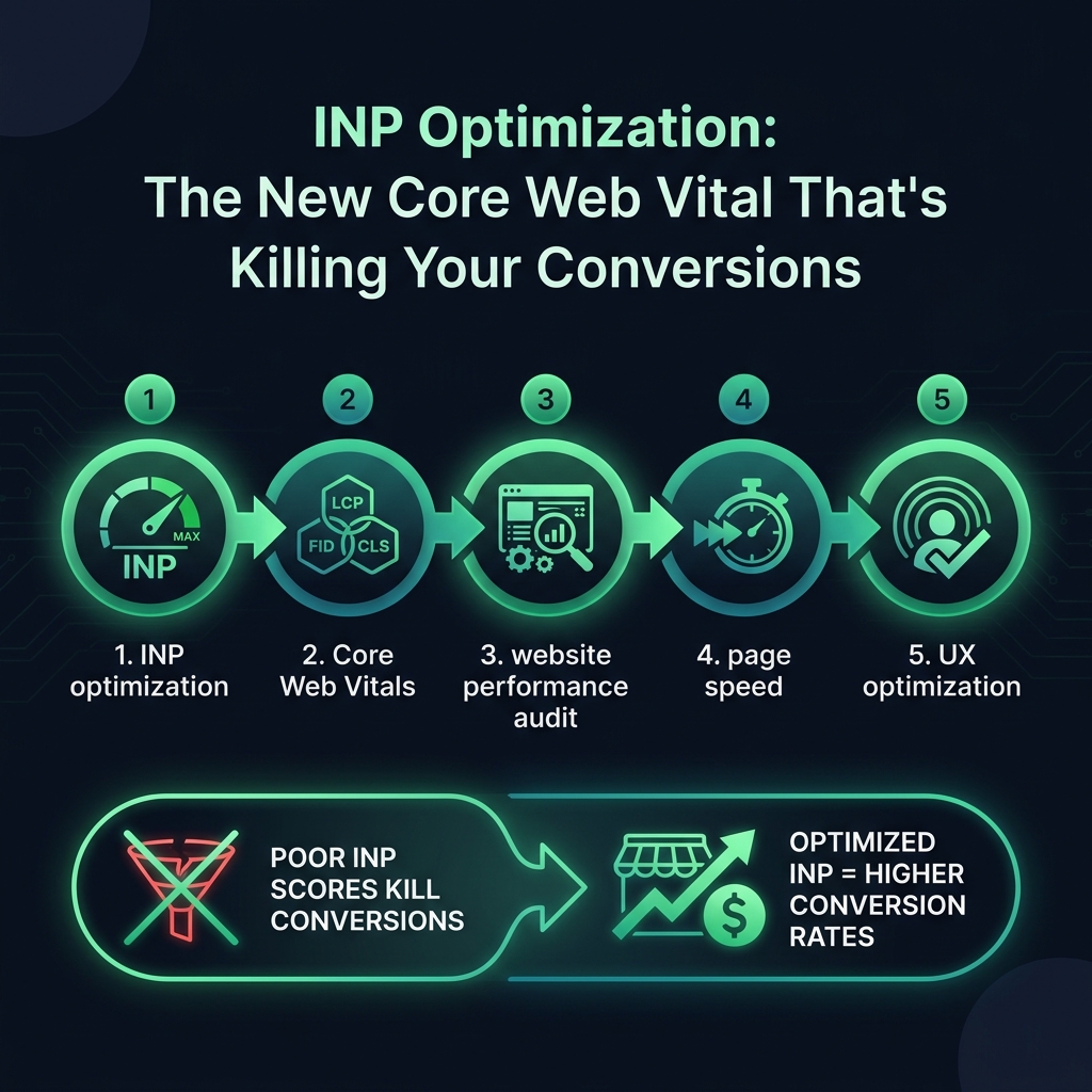 INP Optimization: The New Core Web Vital That's Killing Your Conversions infographic showing INP optimization, Core Web Vitals, website performance audit for digital marketing