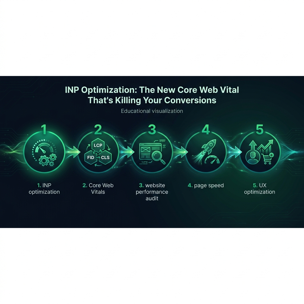 INP Optimization: The New Core Web Vital That's Killing Your Conversions infographic showing INP optimization, Core Web Vitals, website performance audit for digital marketing