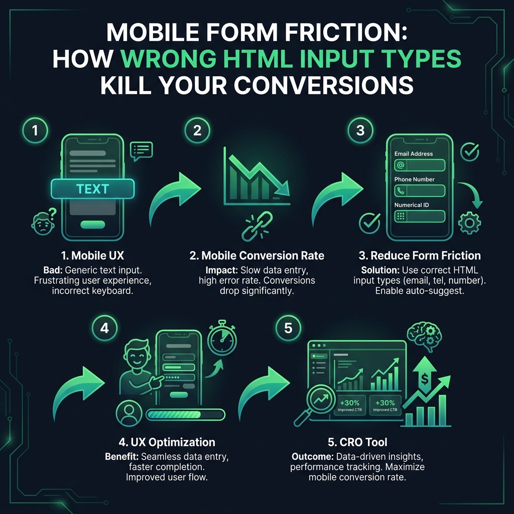 Mobile Form Friction: How Wrong HTML Input Types Kill Your Conversions infographic showing mobile UX, mobile conversion rate, reduce form friction for digital marketing