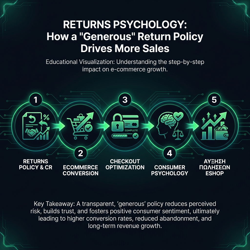 Returns Psychology: How a 'Generous' Return Policy Drives More Sales infographic showing returns policy & CR, ecommerce conversion, checkout optimization for digital marketing