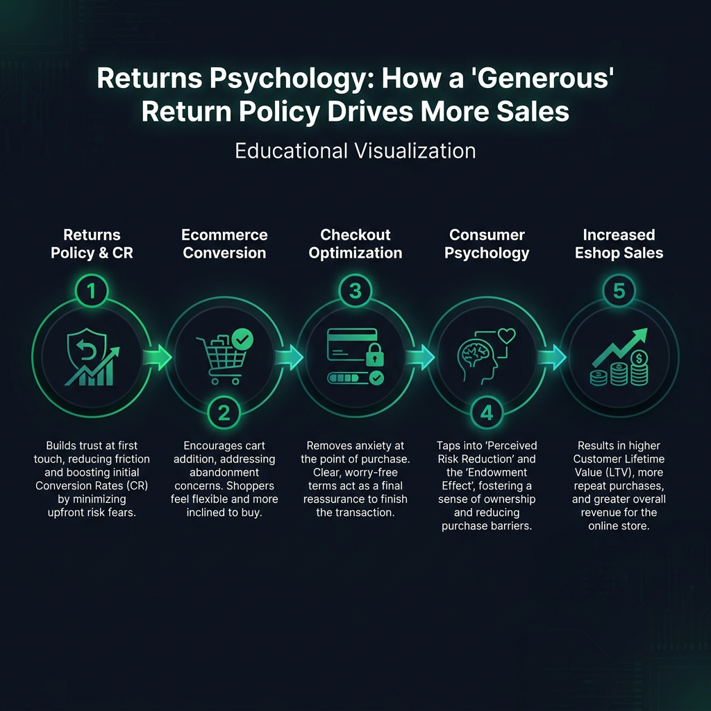 Returns Psychology: How a 'Generous' Return Policy Drives More Sales infographic showing returns policy & CR, ecommerce conversion, checkout optimization for digital marketing
