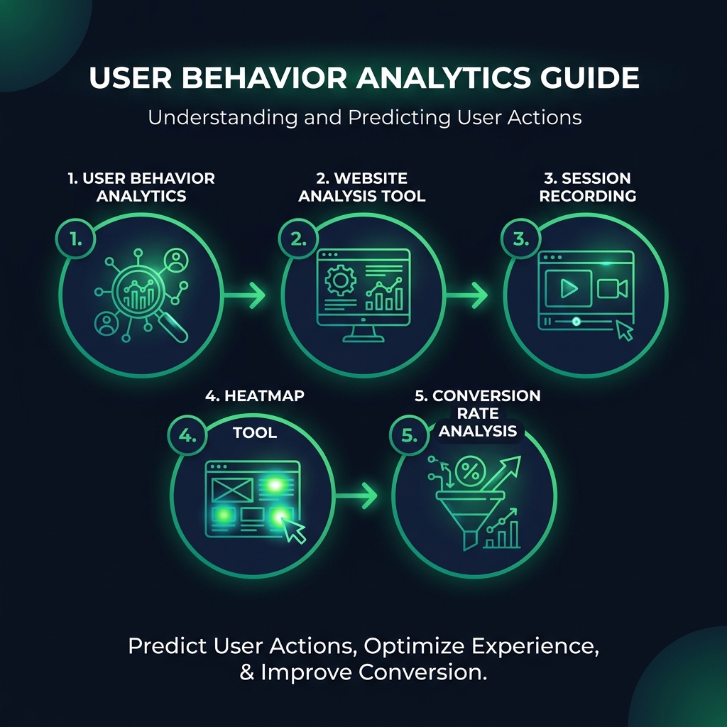 What is User Behavior Analytics? The Guide to Understanding (and Predicting) Your Users' Actions infographic showing user behavior analytics, website analysis tool, session recording for digital marketing