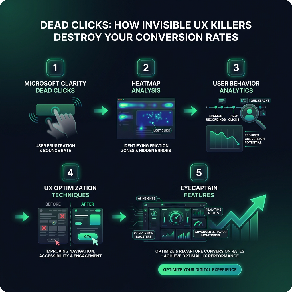 Dead Clicks: How Invisible UX Killers Destroy Your Conversion Rates infographic showing Microsoft Clarity dead clicks, heatmap analysis, user behavior analytics for digital marketing