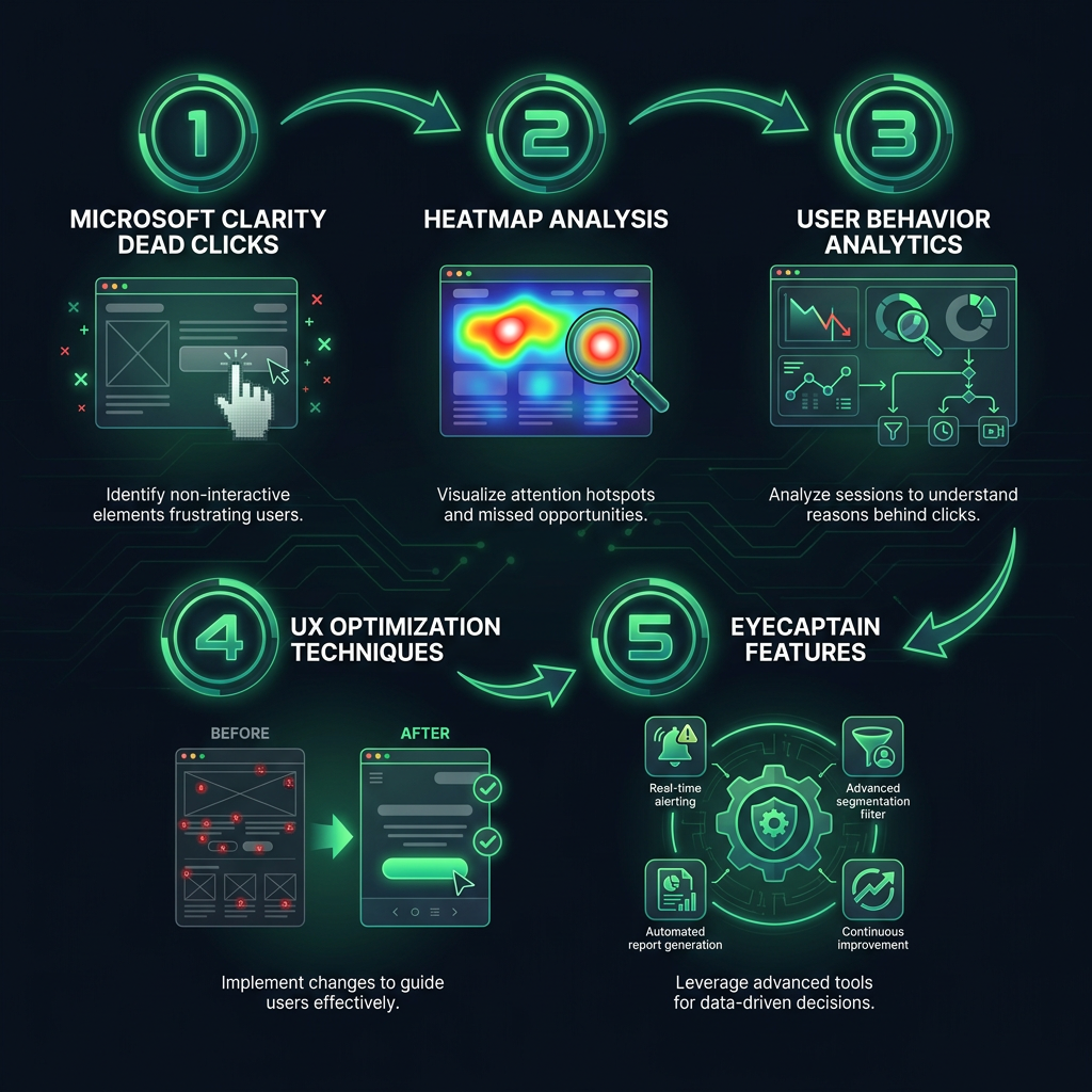Dead Clicks: How Invisible UX Killers Destroy Your Conversion Rates infographic showing Microsoft Clarity dead clicks, heatmap analysis, user behavior analytics for digital marketing