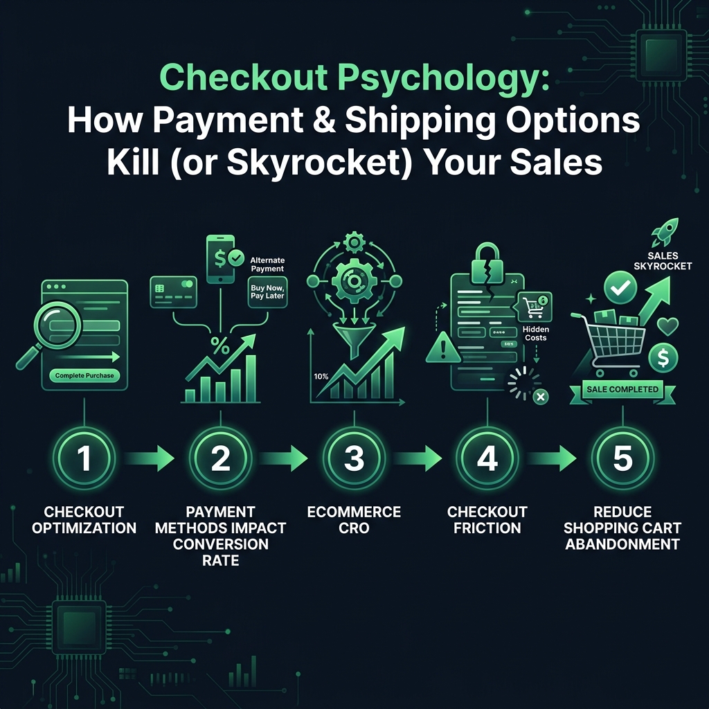 Checkout Psychology: How Payment & Shipping Options Kill (or Skyrocket) Your Sales infographic showing checkout optimization, payment methods impact conversion rate, ecommerce CRO for digital marketing