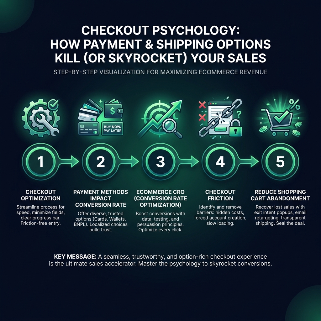 Checkout Psychology: How Payment & Shipping Options Kill (or Skyrocket) Your Sales infographic showing checkout optimization, payment methods impact conversion rate, ecommerce CRO for digital marketing