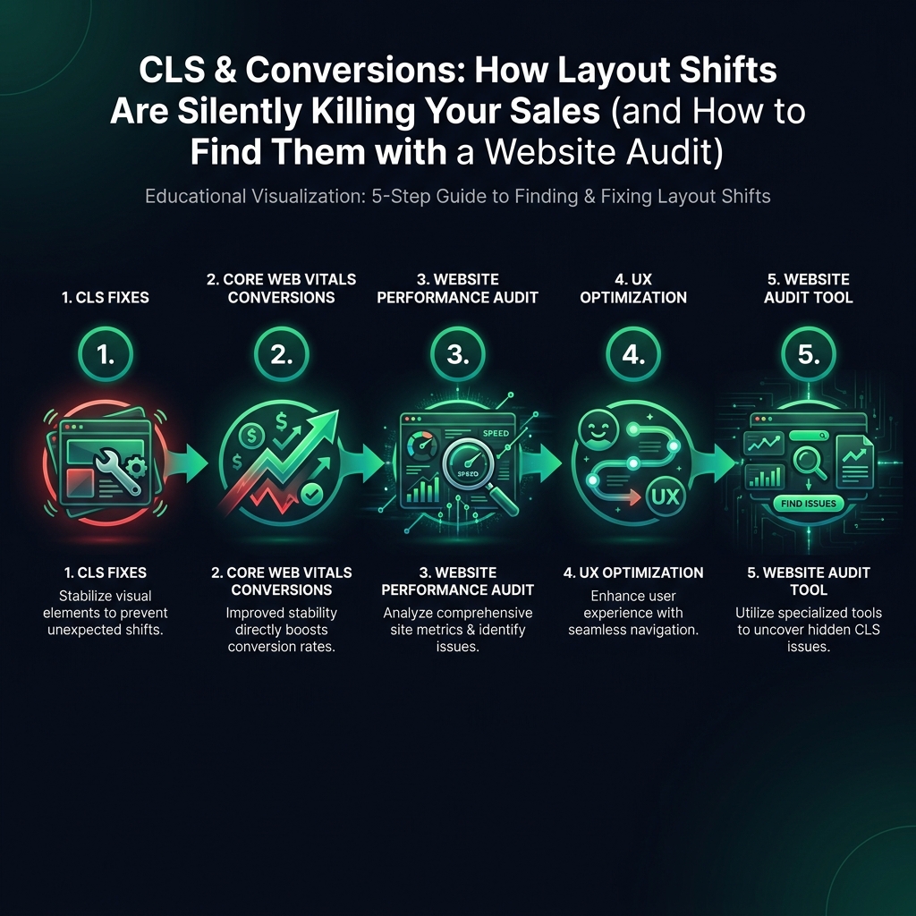 CLS & Conversions: How Layout Shifts Are Silently Killing Your Sales (and How to Find Them with a Website Audit) infographic showing CLS fixes, Core Web Vitals conversions, website performance audit for digital marketing