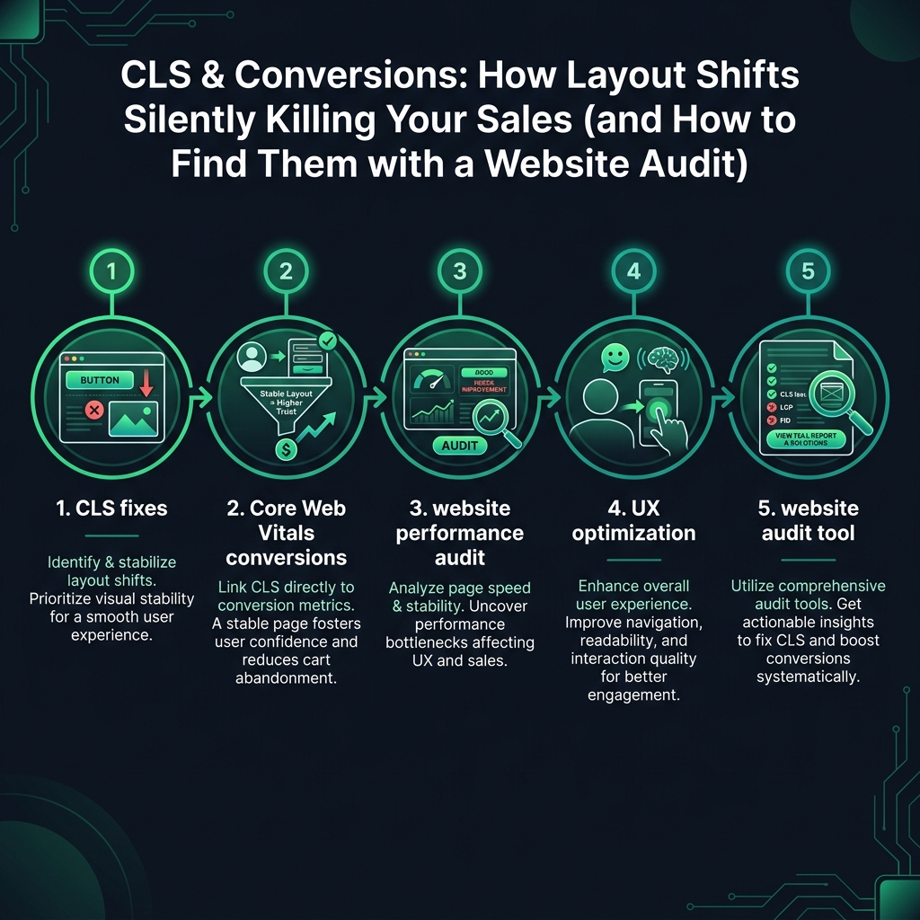 CLS & Conversions: How Layout Shifts Are Silently Killing Your Sales (and How to Find Them with a Website Audit) infographic showing CLS fixes, Core Web Vitals conversions, website performance audit for digital marketing