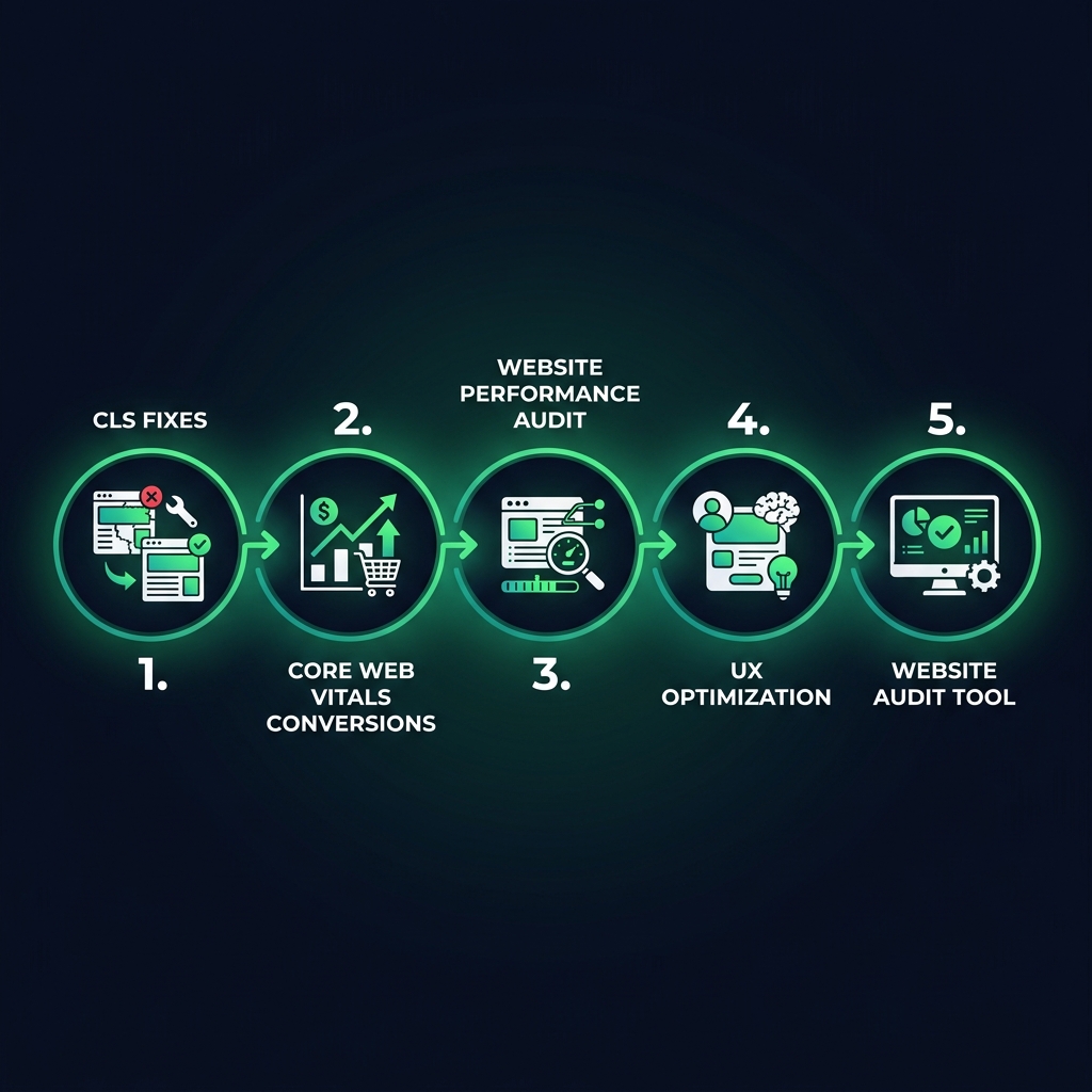 CLS & Conversions: How Layout Shifts Are Silently Killing Your Sales (and How to Find Them with a Website Audit) infographic showing CLS fixes, Core Web Vitals conversions, website performance audit for digital marketing