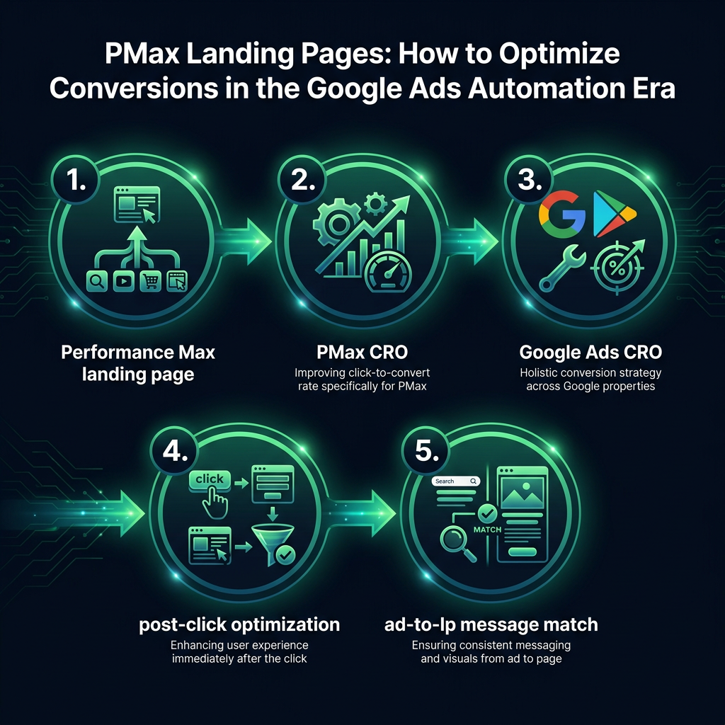 PMax Landing Pages: How to Optimize Conversions in the Google Ads Automation Era infographic showing Performance Max landing page, PMax CRO, Google Ads CRO for digital marketing