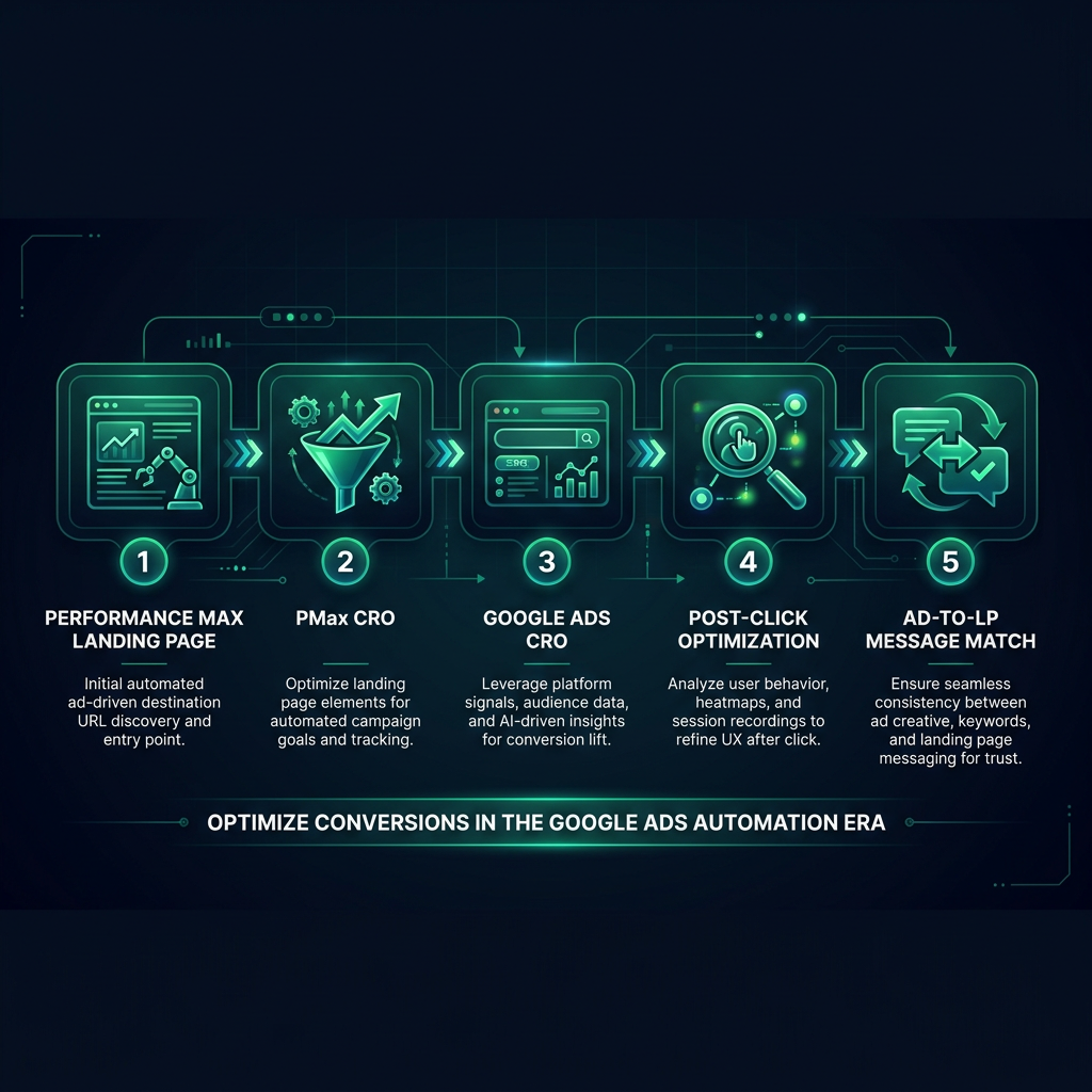 PMax Landing Pages: How to Optimize Conversions in the Google Ads Automation Era infographic showing Performance Max landing page, PMax CRO, Google Ads CRO for digital marketing