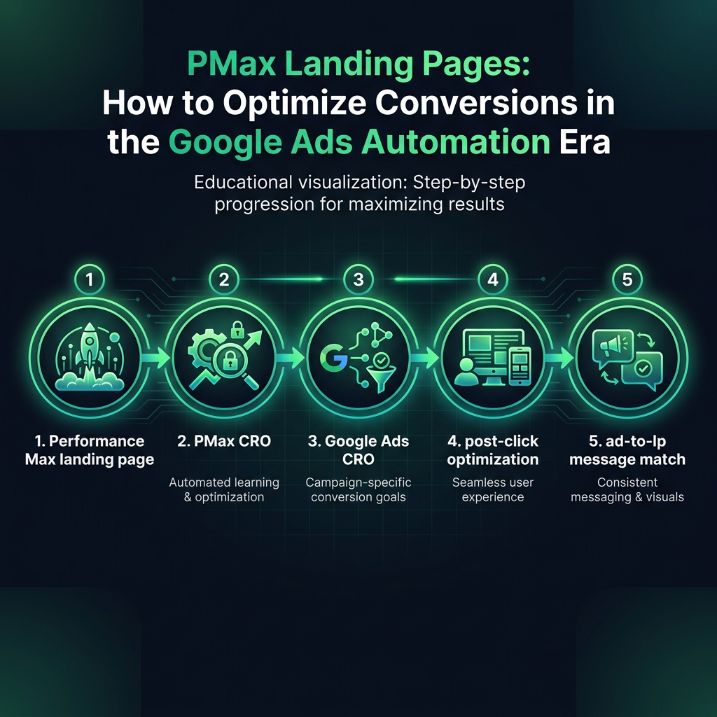 PMax Landing Pages: How to Optimize Conversions in the Google Ads Automation Era infographic showing Performance Max landing page, PMax CRO, Google Ads CRO for digital marketing