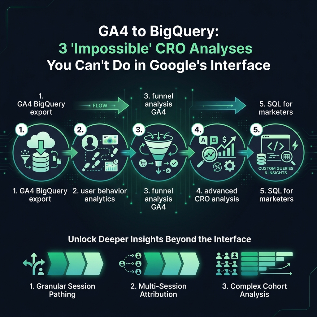 GA4 to BigQuery: 3 'Impossible' CRO Analyses You Can't Do in Google's Interface infographic showing GA4 BigQuery export, user behavior analytics, funnel analysis GA4 for digital marketing