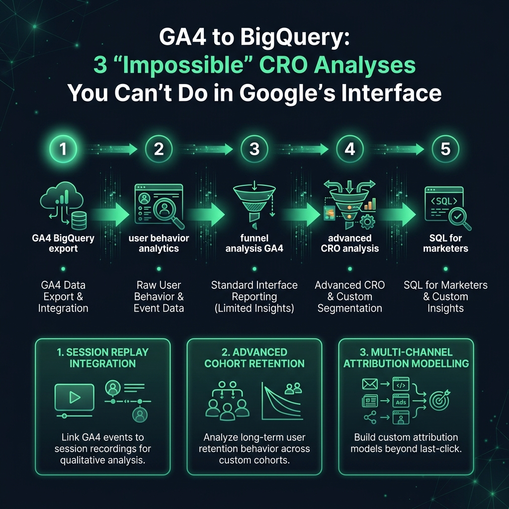 GA4 to BigQuery: 3 'Impossible' CRO Analyses You Can't Do in Google's Interface infographic showing GA4 BigQuery export, user behavior analytics, funnel analysis GA4 for digital marketing