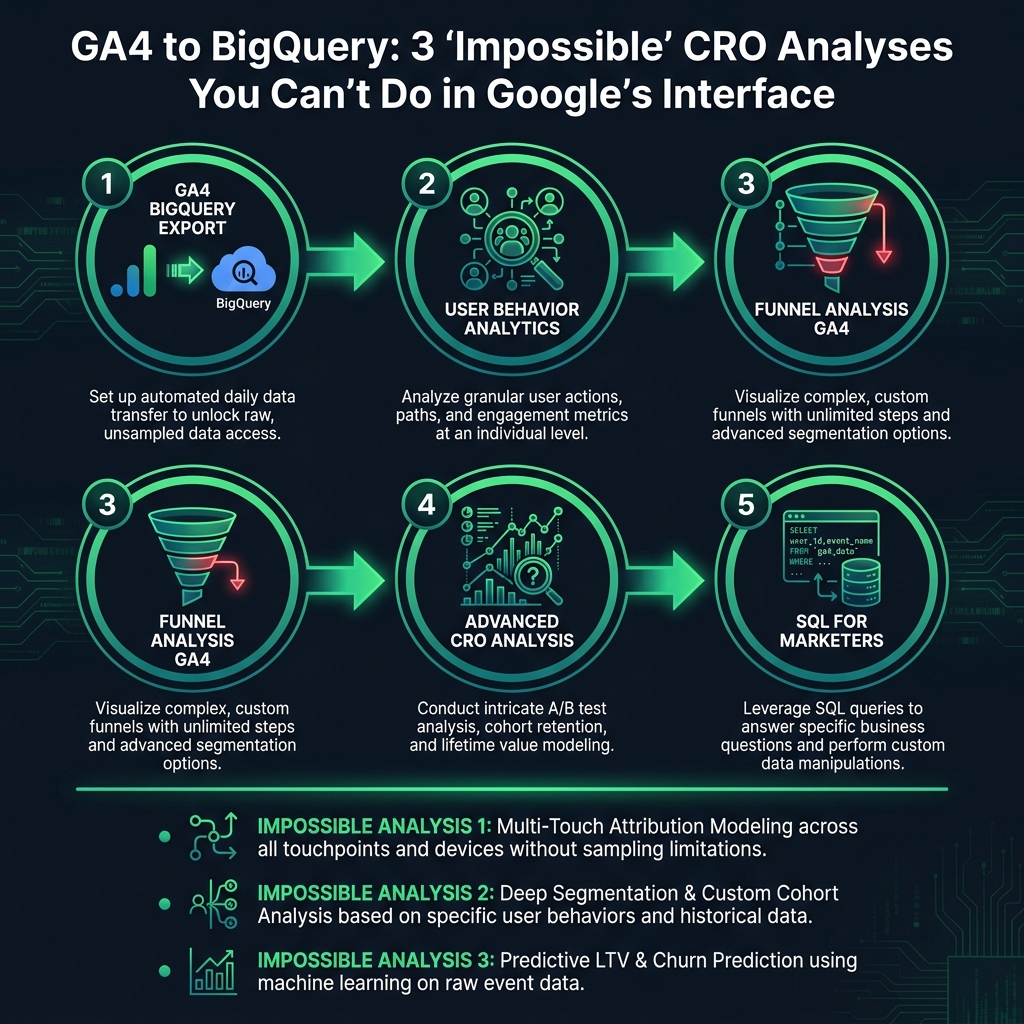 GA4 to BigQuery: 3 'Impossible' CRO Analyses You Can't Do in Google's Interface infographic showing GA4 BigQuery export, user behavior analytics, funnel analysis GA4 for digital marketing
