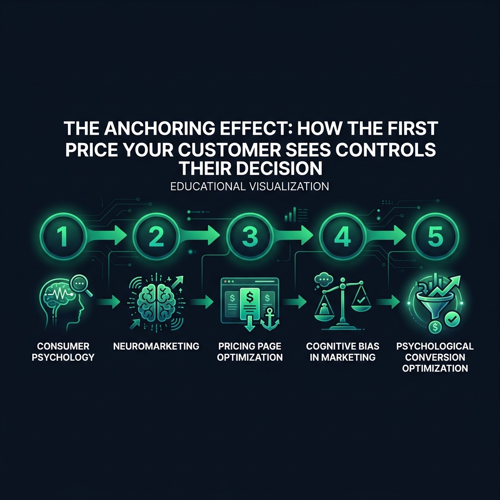The Anchoring Effect: How the First Price Your Customer Sees Controls Their Decision infographic showing consumer psychology, neuromarketing, pricing page optimization for digital marketing