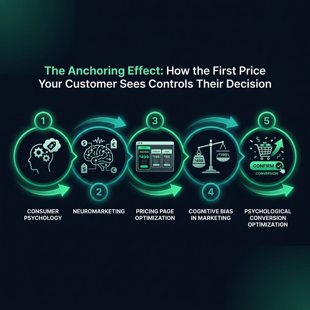 The Anchoring Effect: How the First Price Your Customer Sees Controls Their Decision infographic showing consumer psychology, neuromarketing, pricing page optimization for digital marketing