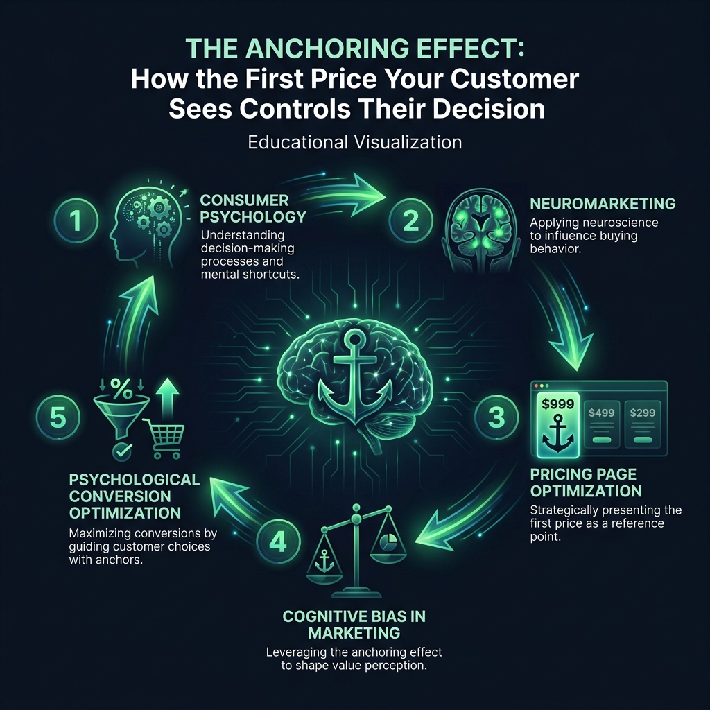 The Anchoring Effect: How the First Price Your Customer Sees Controls Their Decision infographic showing consumer psychology, neuromarketing, pricing page optimization for digital marketing