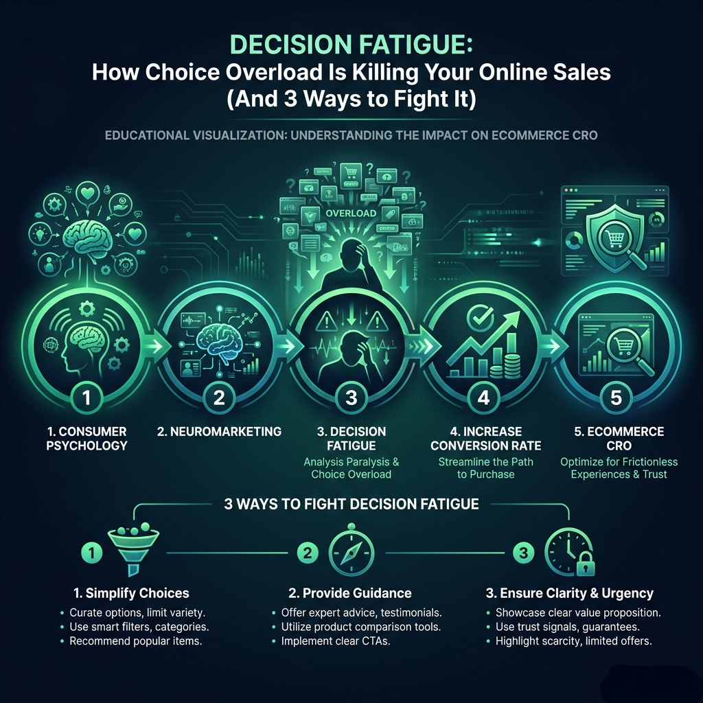 Decision Fatigue: How Choice Overload Is Killing Your Online Sales (And 3 Ways to Fight It) infographic showing consumer psychology, neuromarketing, decision fatigue for digital marketing